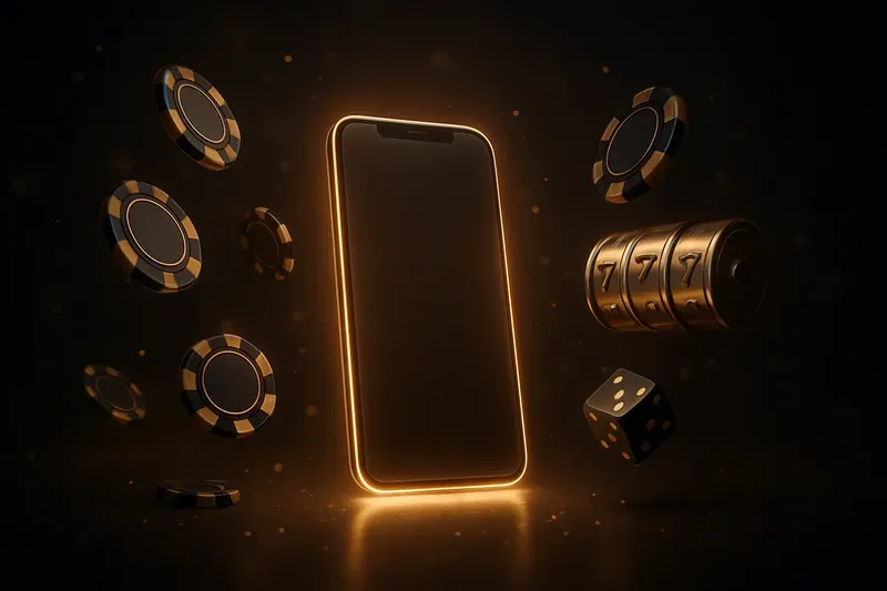 Glowing smartphone surrounded by casino chips, slot reels, and dice with gold accents on a dark background